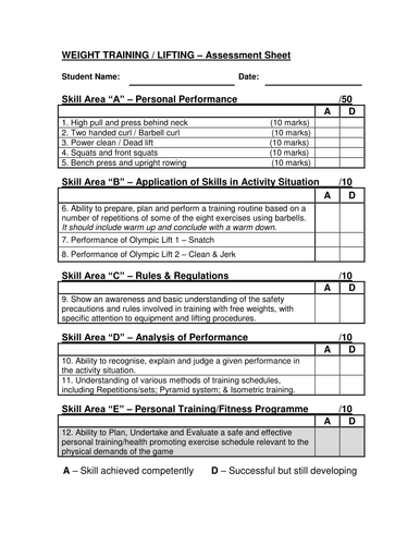 Sports Assessment Sheets