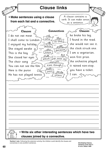 Worksheet for sentence clause links - KS2