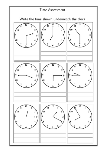 Worksheets to assess telling and writing the time.