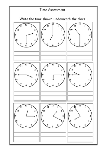 worksheets to assess telling and writing the time teaching resources