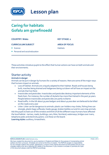 Welsh lesson plan: Habitats - Caring for habitats