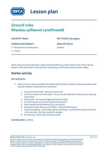 Welsh lesson plan: Habitats - Ground rules