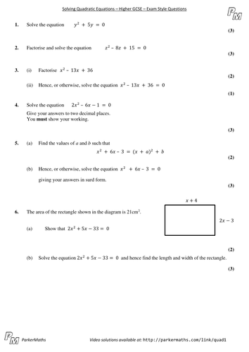 Solving Quadratic Equations - Higher GCSE - Exam Style Questions