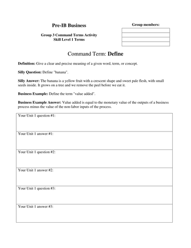 IB Business Level I command terms worksheets