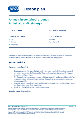 Welsh lesson plan: School grounds - Animals in our school grounds