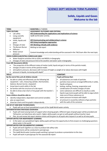 Solids, Liquids, Gases Lab Introduction Unit Plan (KS3)