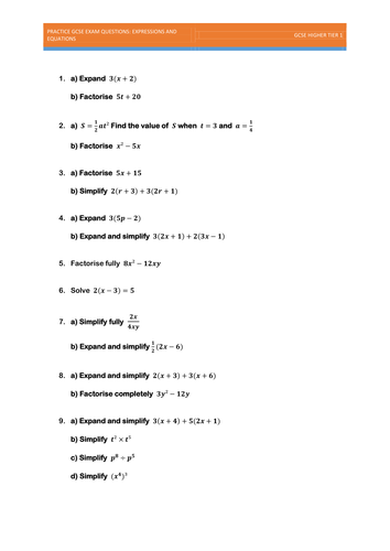GCSE Practice Exam Questions: Expressions and Equations