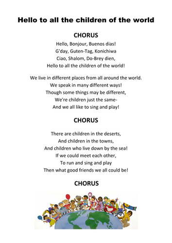 Hello To All The Children Of The World Song Teaching Resources