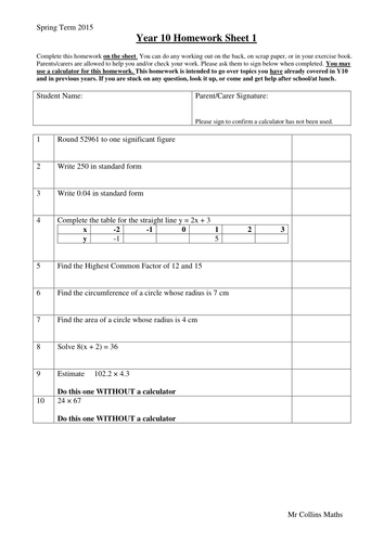 Y10 Consolidation Homeworks