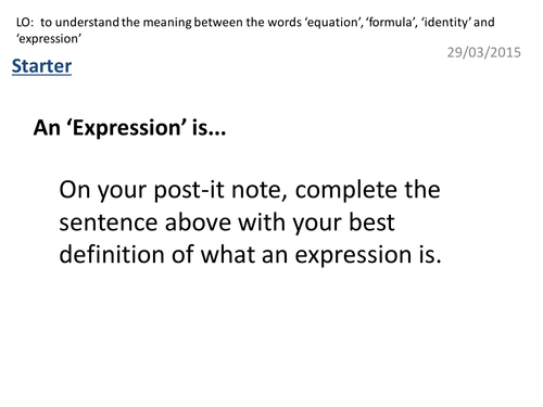 Identifying Expressions, Equations, Identities and Formulae