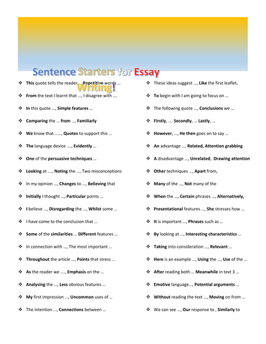 Sentence Starters for Essay Writing | Teaching Resources