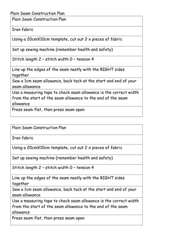 Plain Seam Construction Plan - Differentiated Sheets