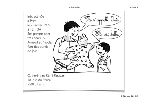 Un faire-part - French literacy lesson