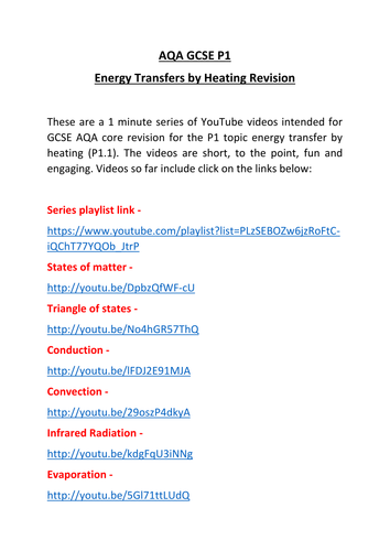 AQA GCSE P1 Energy Transfers by Heating Revision