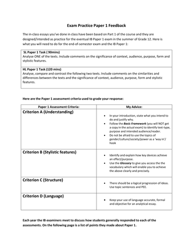 IB A1 English Language and Literature revision sheets for papers 1 and 2