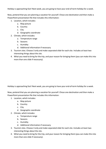 Holiday Planning (Ms. PowerPoint activity)