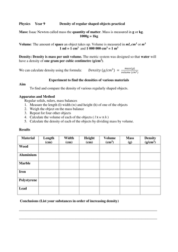Physics: Density, Pressure and Gases Practicals | Teaching Resources