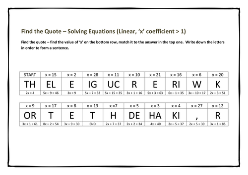 Find the Quote – Solving Equations (Linear, ‘x’ coefficient > 1)