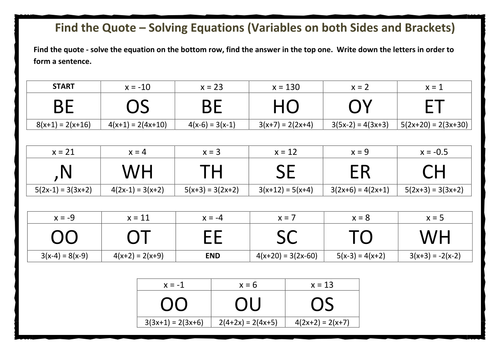 Find the Quote – Solving Equations (Variables on both Sides and Brackets)