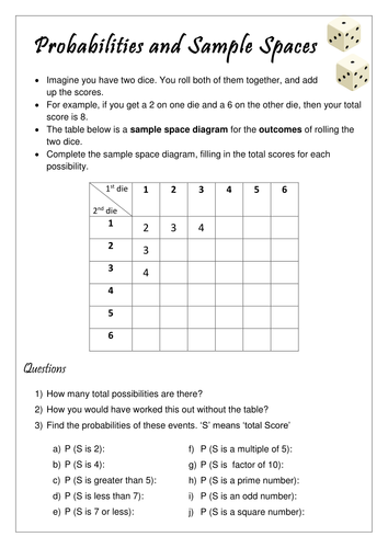 sample spaces and probability worksheet teaching resources