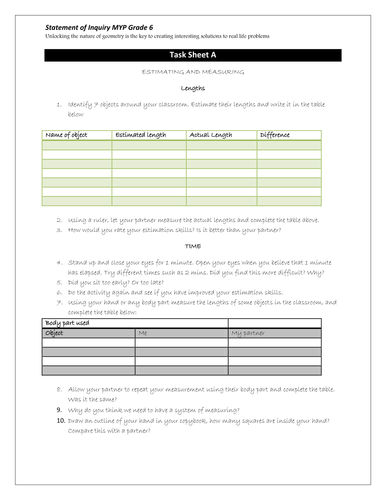 MYP Mathematics: Measurement Task Sheet