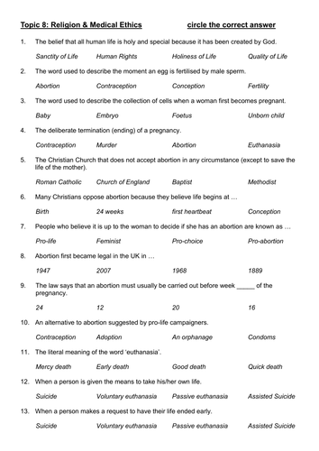  OCR B Medical Ethics Multiple Choice Questions  