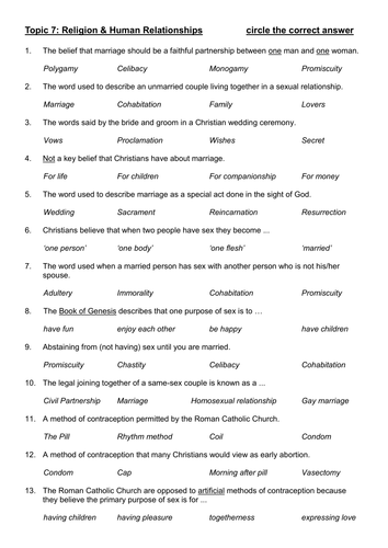 OCR B Human Relationships Multiple Choice Quiz