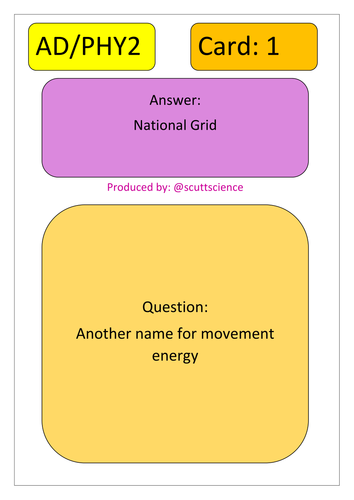 Revision loop card activity for Core Physics on Energy