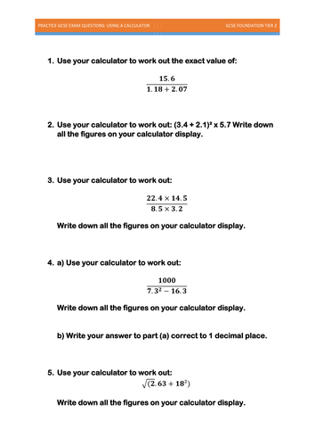 GCSE Practice Exam Questions - Using a Calculator.