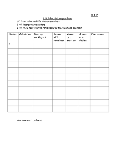 Interpreting remainders answer sheet- divisions with remainders as fractions and decimals