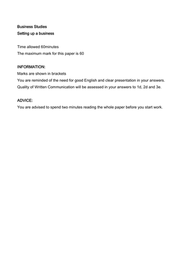 Practice paper GCSE Business Studies (setting up a business)