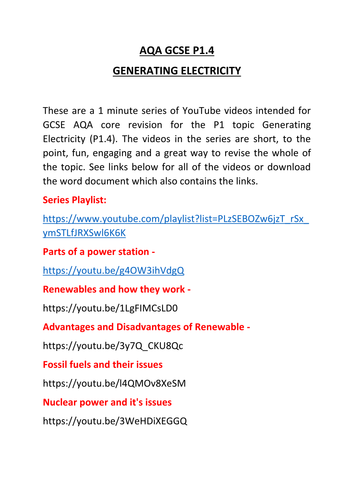 AQA GCSE P1 Generating Electricity Revision | Teaching Resources