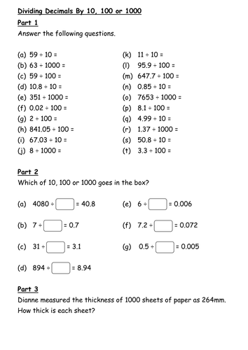 Multiplying And Dividing By Negative Powers Of 10 Worksheet