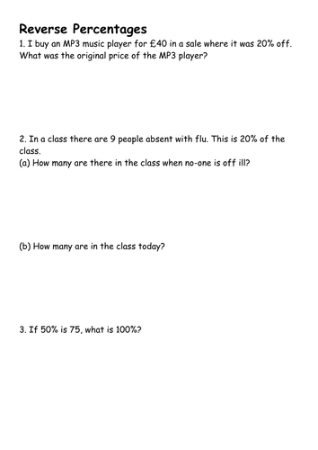 Word Problems on Reverse Percentages (Finding the Original Value)