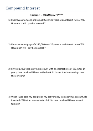 Compound Interest and Depreciation | Teaching Resources