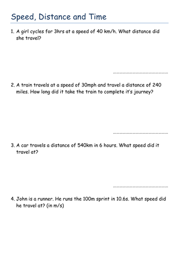 Speed Distance Time Questions, Worksheets and Revision