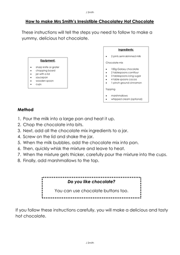Set of three instruction texts which show progression - aimed at upper KS2 (levels 3,4 & 5)