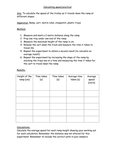 Speed investigation - student practical sheets