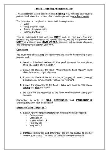 Year 8 - Flooding Assessment Task