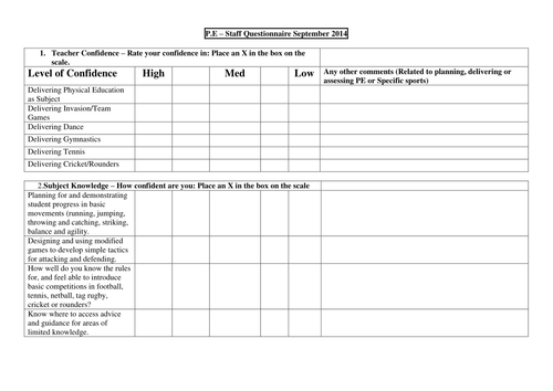 EASY TO USE Staff Questionnaire to use as an audit for P.E