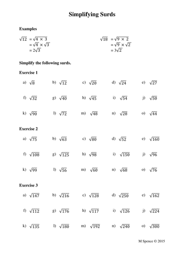 simplifying surds by mikespence1000 teaching resources tes