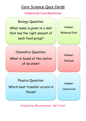 Core science quiz cards - Chemistry, Physics & Biology (B1, C1 & P1)