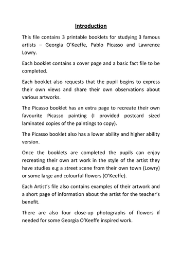 Year 3/4 Artist Study - Lowry, Picasso, O'Keeffe.