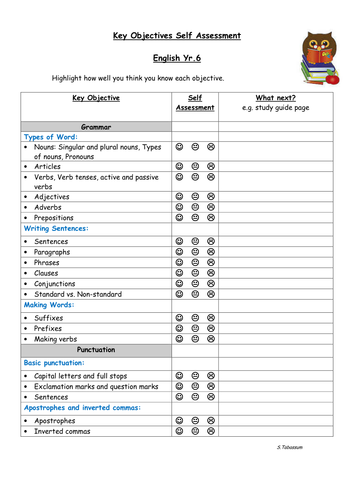 year 6 self assessment sheets for maths and grammar spelling and