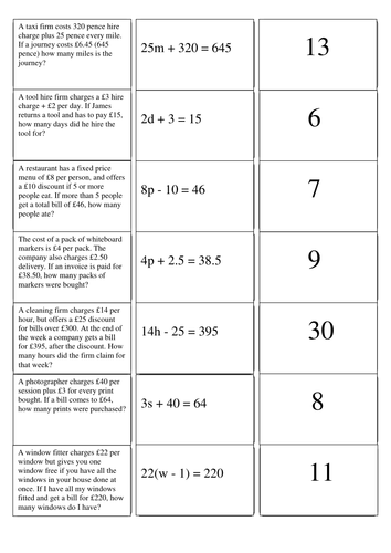 Forming equations matching cards