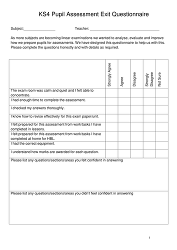 Pupil Assessment/Mock/Exam Exit Questionnaire/Survey