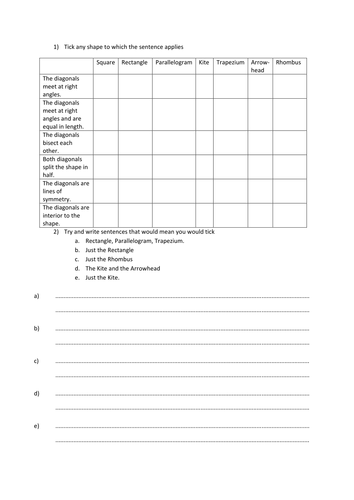 Diagonals of quadrilaterals worksheet