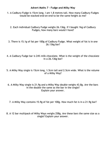 Advert Maths 7 - Fudge and Milky Way
