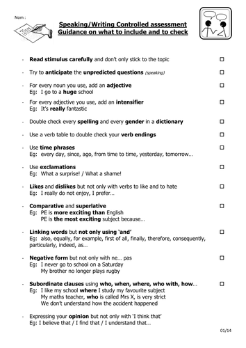 GCSE French Speaking and Writing checklist by carolebim 