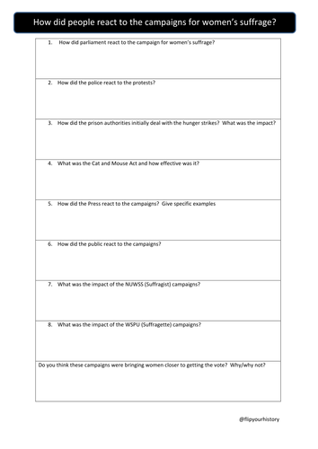 Votes for Women - reactions to the women's suffrage campaigns? Flippedlearning video and WS